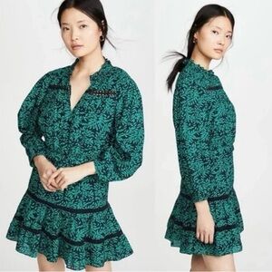 Joie Teal and Black Leaf Pattern Long Sleeve Dress